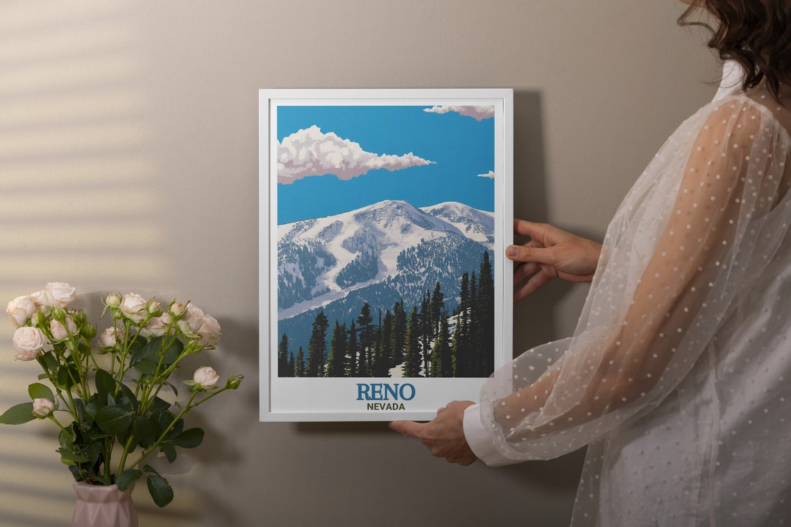 Reno Nevada Snowy Mount Rose Pines Under Blue Sky Travel Poster - Image 2