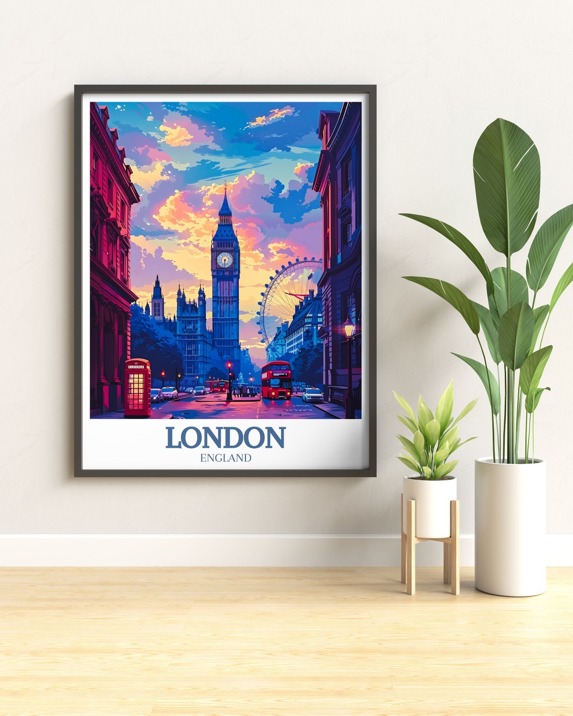 London Sunset Poster With Big Ben London Eye And Red Bus Landmarks - Image 3