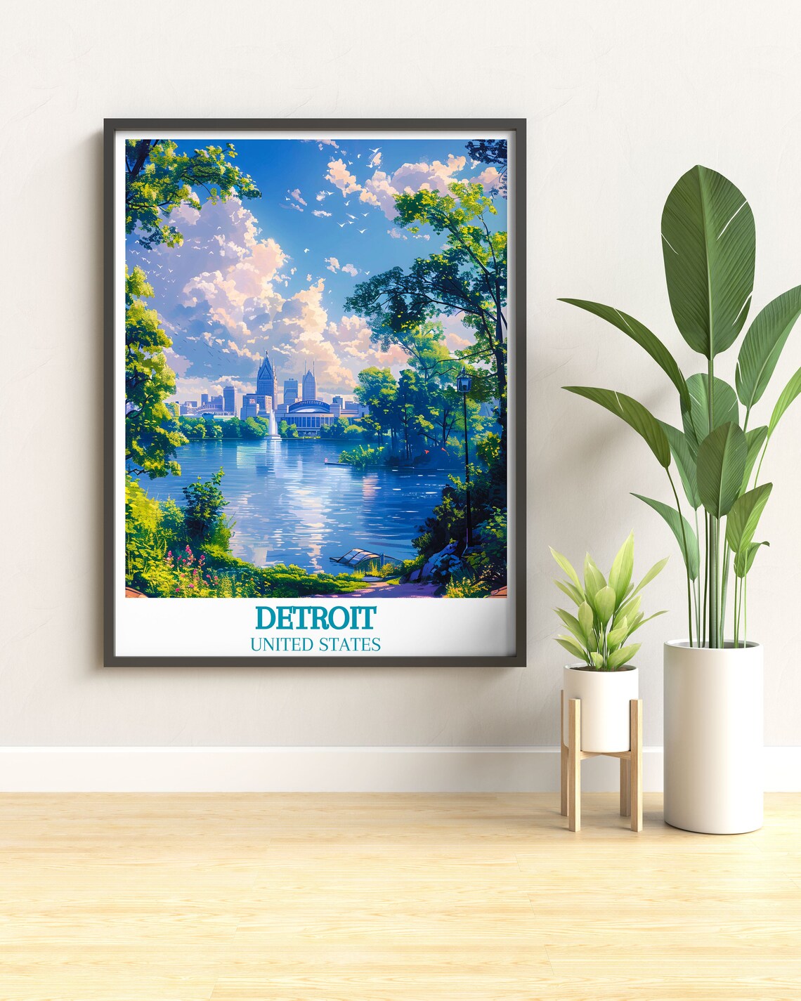 Detroit Skyline Across Blue Water Summer Cityscape Travel Poster Art - Image 3