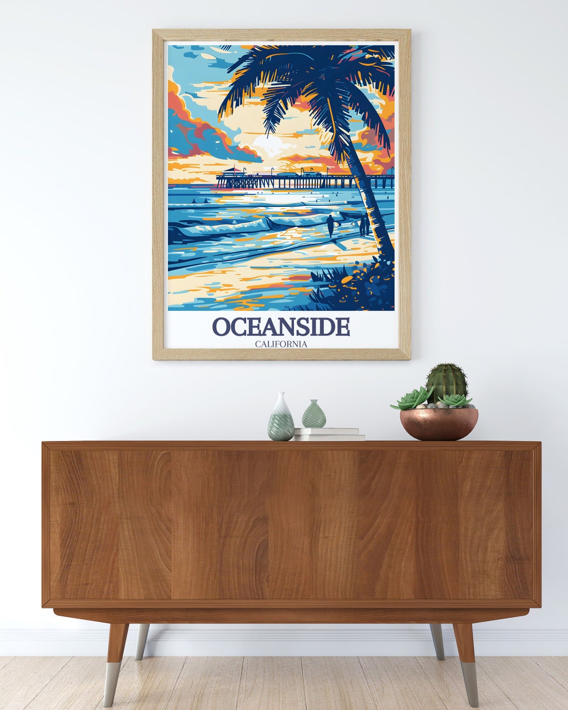 Oceanside Beach Pier Sunset Palm Fronds Surf California Poster - Image 2