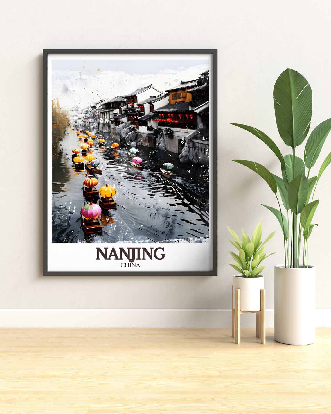 Nanjing China Qinhuai River Parasol Boats Night Scene Art Poster - Image 2