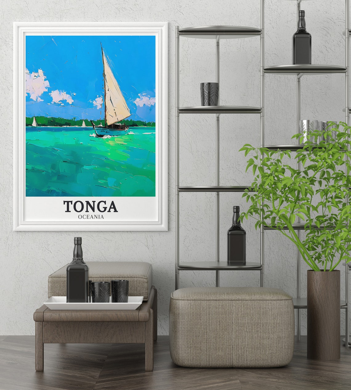 Tonga Oceania Sailboat Turquoise Waters Impasto Style Poster - Image 2