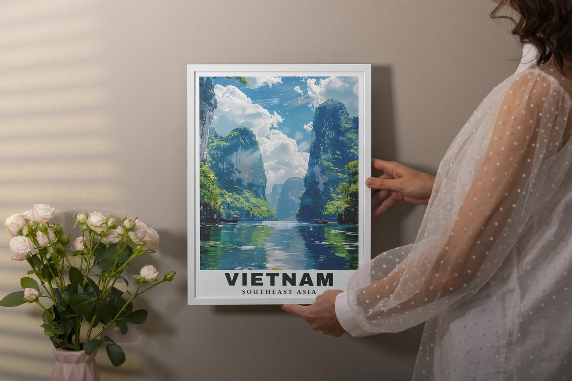 Vietnam Ha Long Bay Limestone Karsts Boats Illustration Poster - Image 2