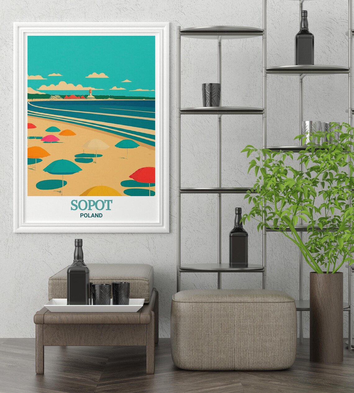 Sopot Poland Beach Poster with Umbrellas and Pier Retro Graphic Style - Image 2