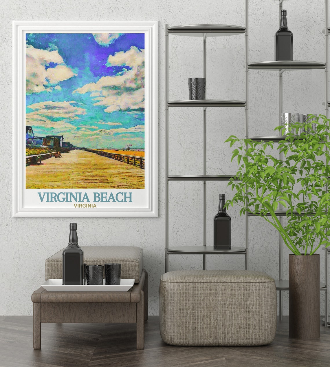 Virginia Beach Boardwalk Painterly Clouds Ocean Travel Poster - Image 2
