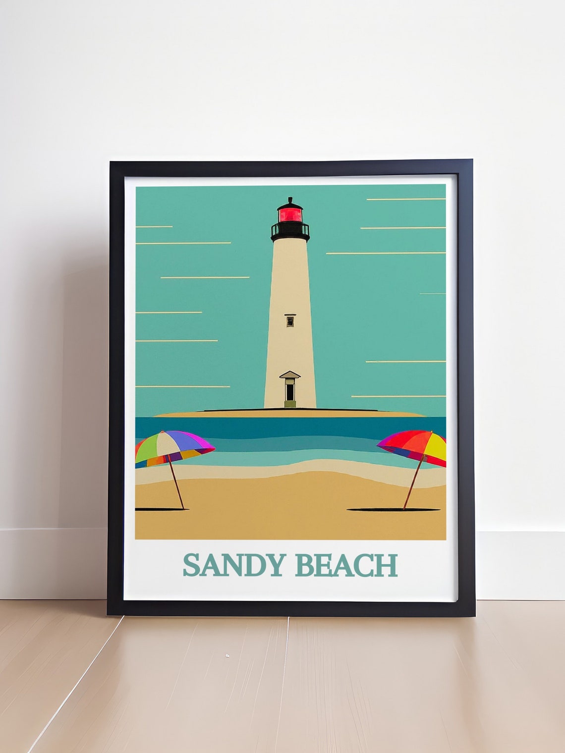 Sandy Beach Lighthouse Colorful Umbrellas Retro Coastal Poster - Image 4