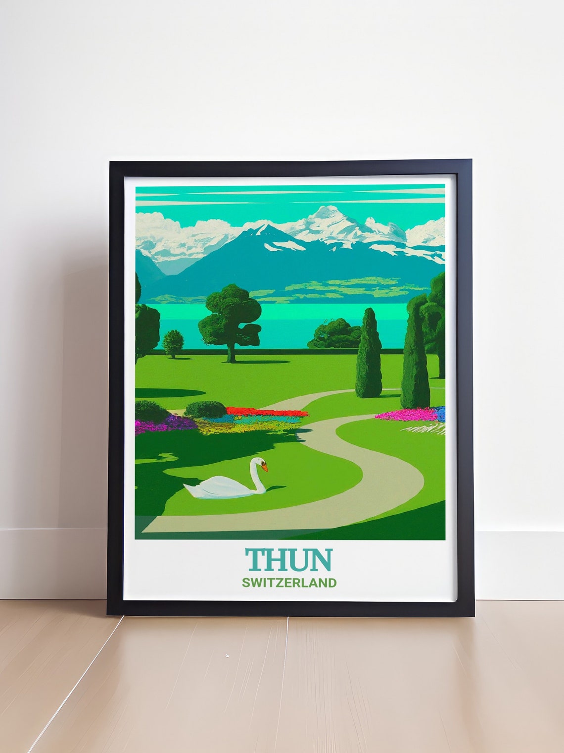 Thun Schadau Park Swan on Green Lakeside Gardens View Poster - Image 4
