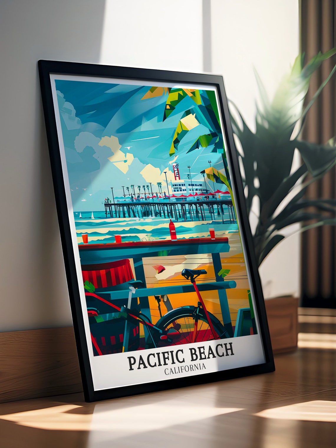 Pacific Beach California Pier Bicycles Geometric Coastal Poster - Image 3