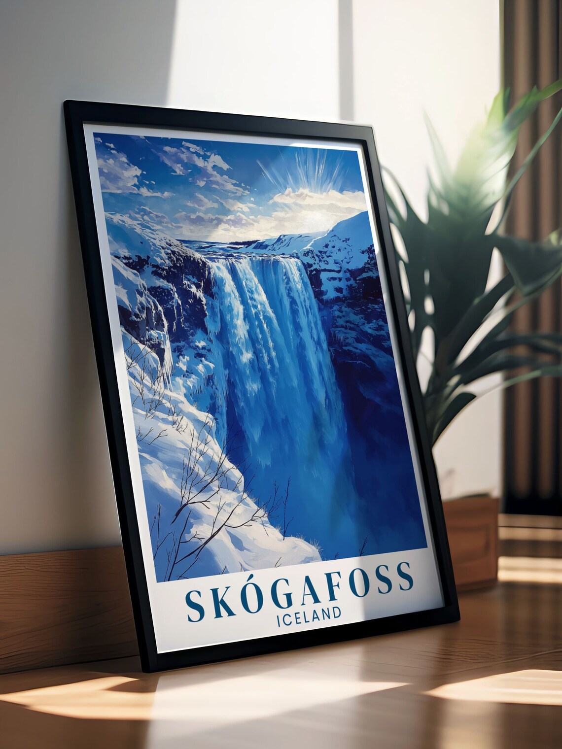 Skogafoss Iceland Frozen Winter Waterfall Deep Blue Travel Poster - Image 2