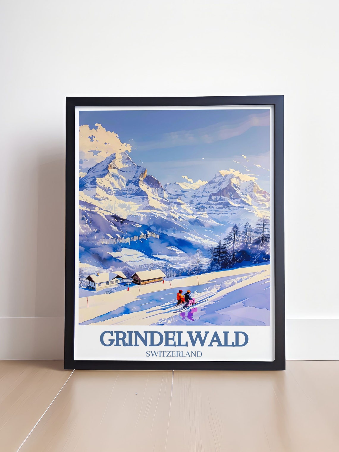 Grindelwald Switzerland Skiers Eiger Peak Chalet Scene Poster - Image 4