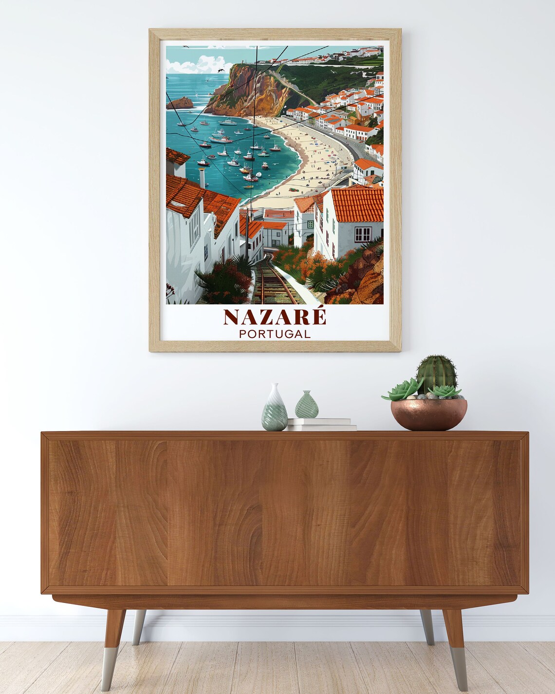 Nazaré Portugal Beach Bay Boats and Cliffside Funicular Poster - Image 3