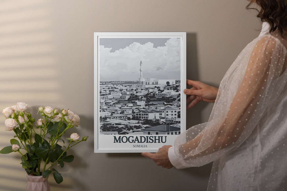 Mogadishu Somalia Monochrome Cityscape Mosque Skyline Poster - Image 3