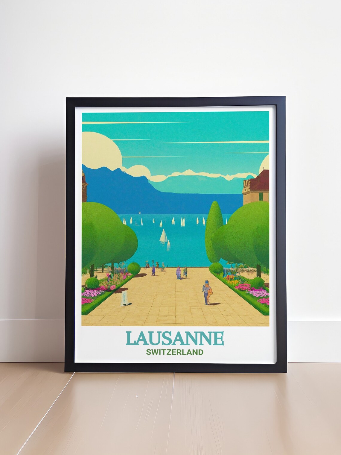 Lausanne Switzerland Lake Geneva Promenade Sailboats Alps View Poster - Image 4