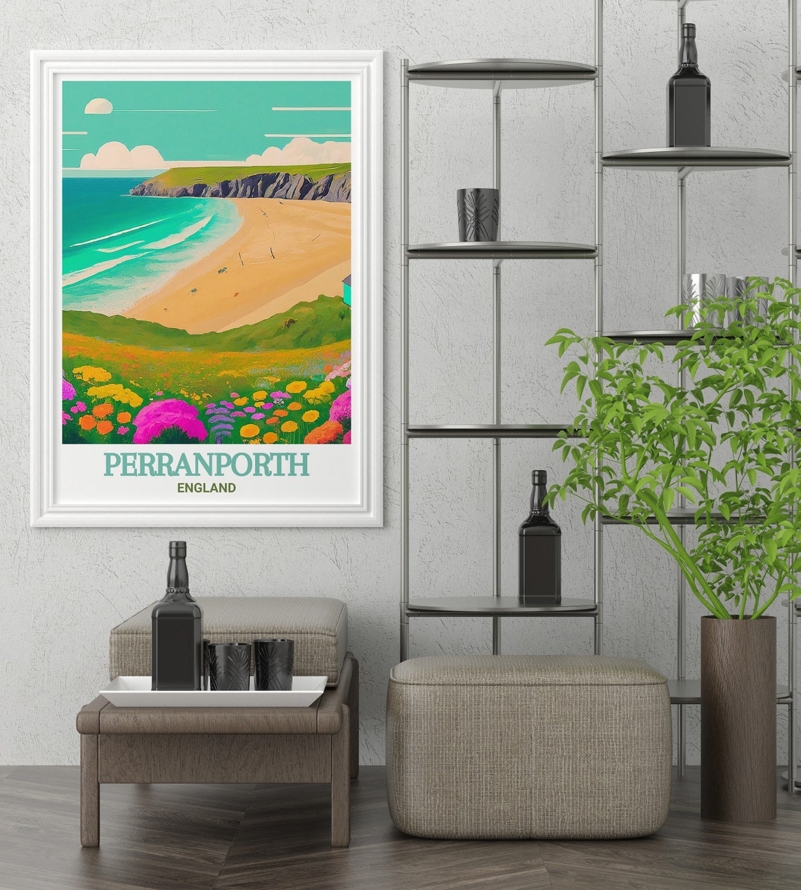 Perranporth Sandy Beach Cliffs Wildflowers Vintage Travel Poster - Image 3