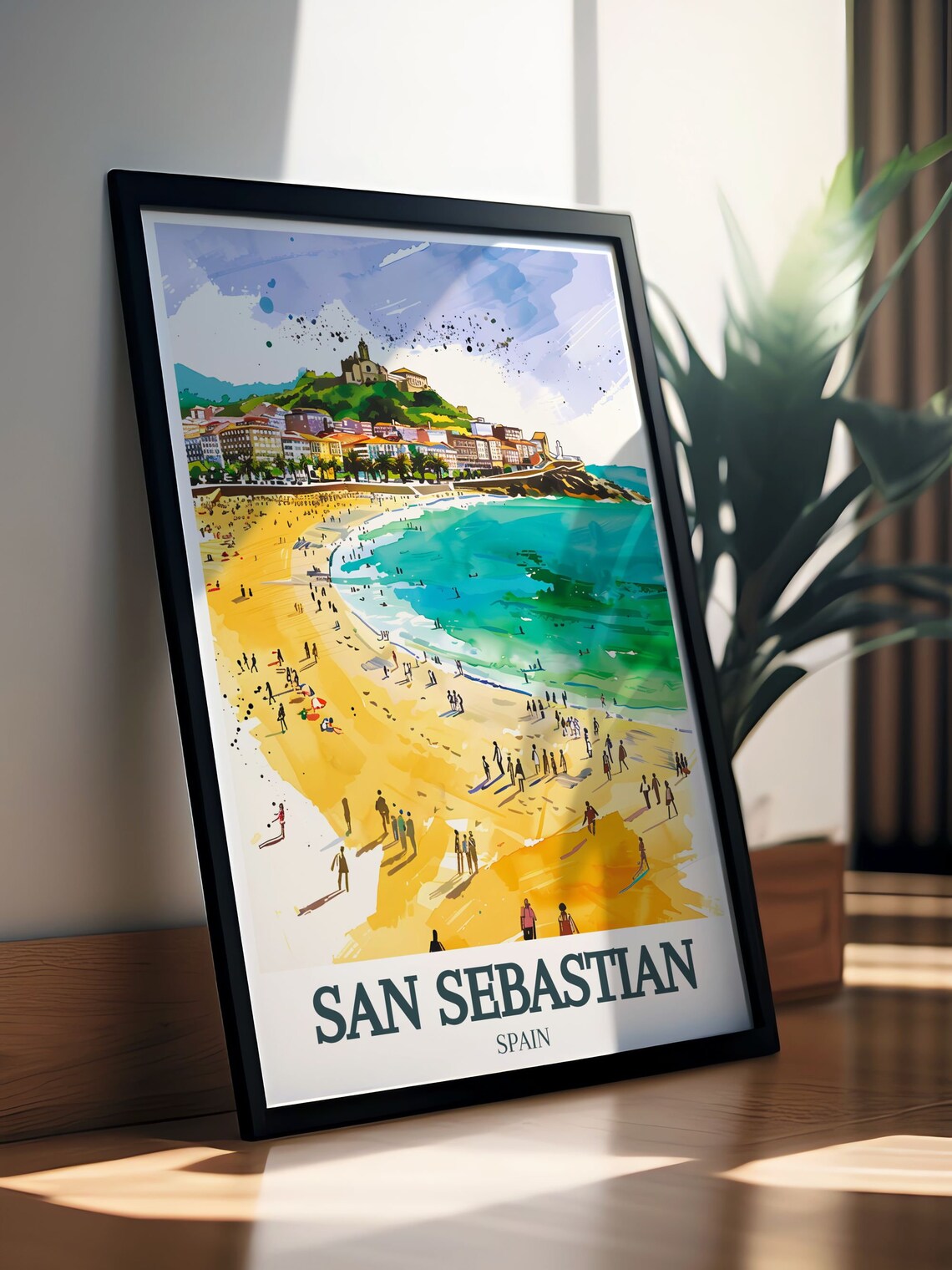 San Sebastian La Concha Beach Golden Watercolor Spain Poster - Image 3