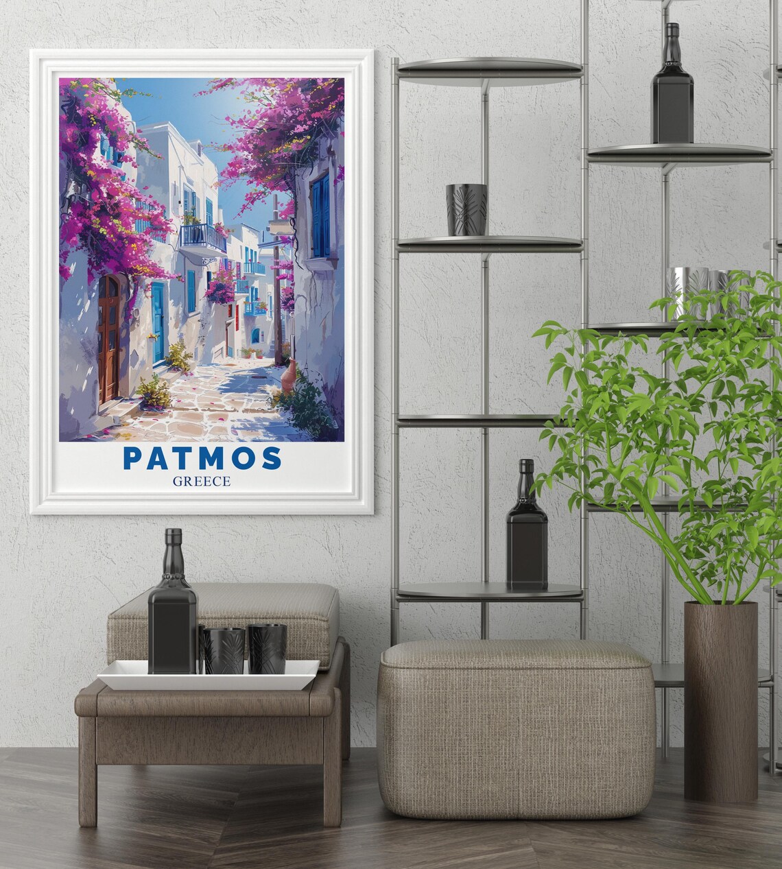 Patmos Greece Chora Alley Pink Bougainvillea Whitewash Wall Poster - Image 3