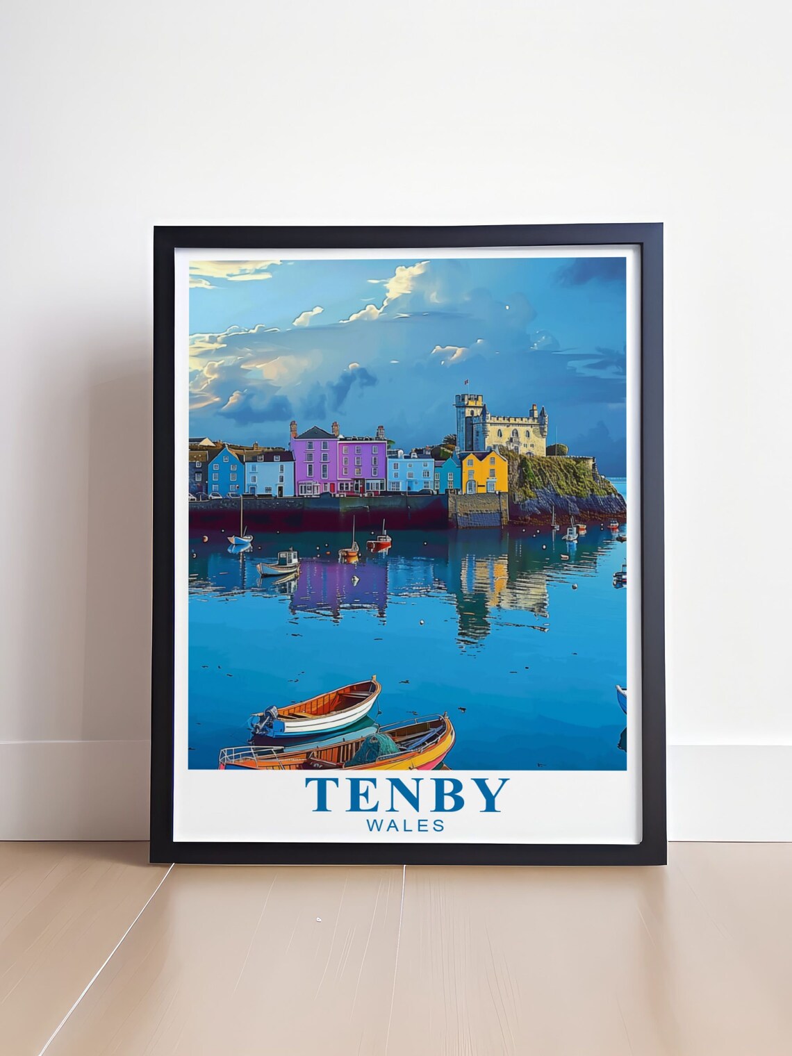Tenby Wales Harbor Pastel Houses Castle and Boats Travel Poster - Image 4