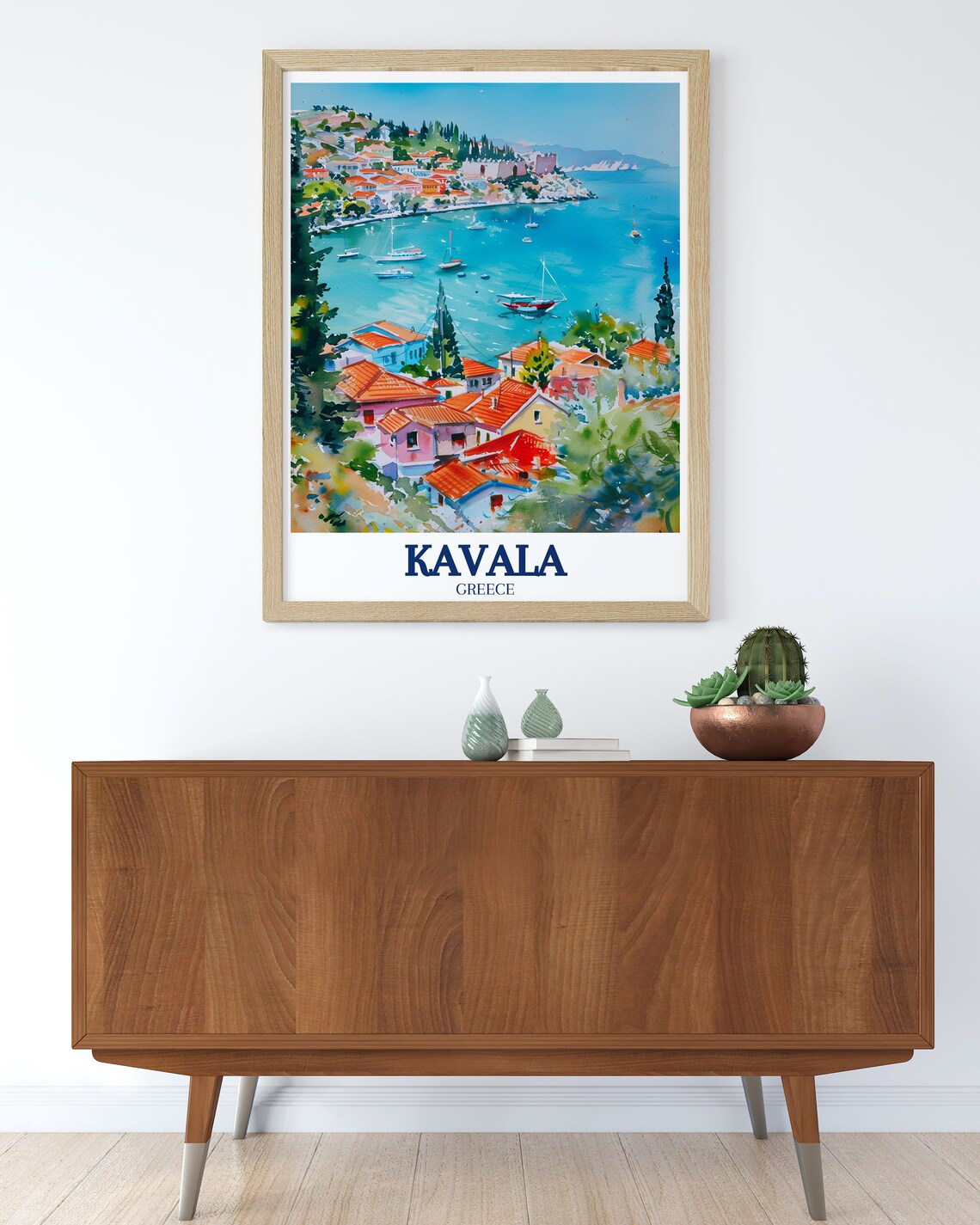 Kavala Greece Aegean Sea Harbor Boats Watercolor Travel Poster - Image 3