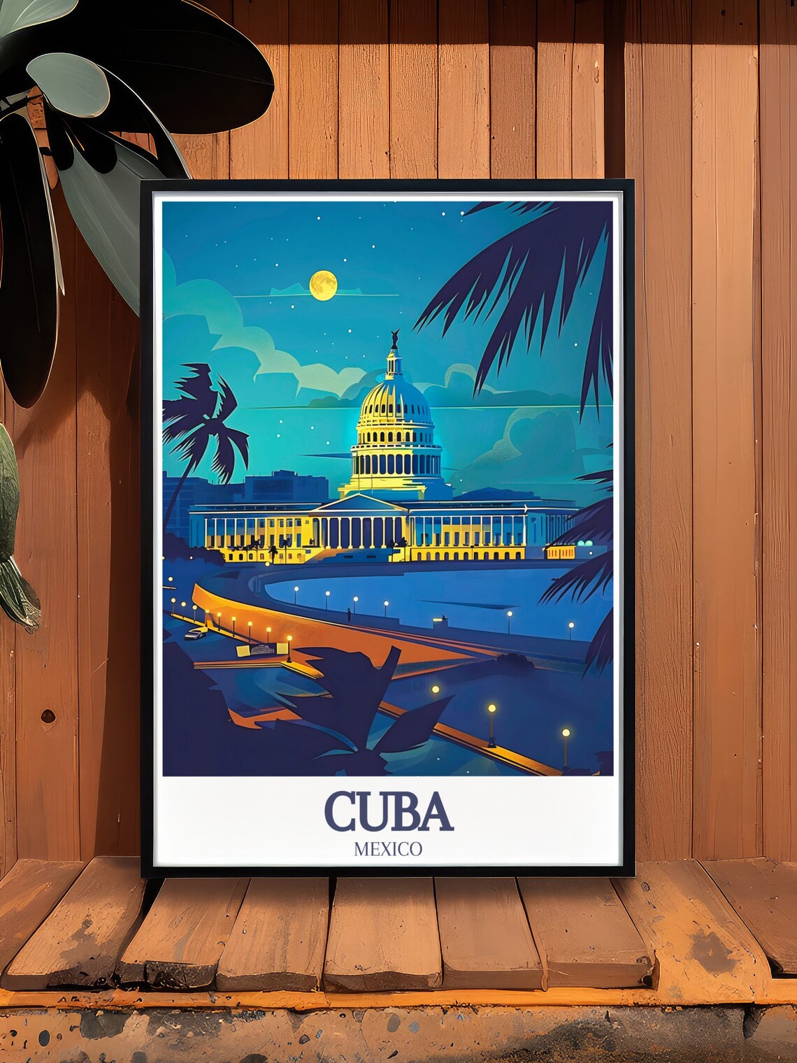 Mexico Cuba El Capitolio Moonlit Night Palms Vintage Travel Poster - Image 2