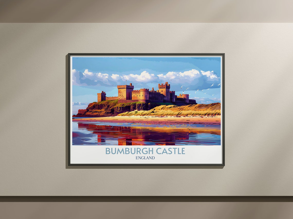 Bamburgh Castle England Sunset Reflection Coastal Waters Travel Poster