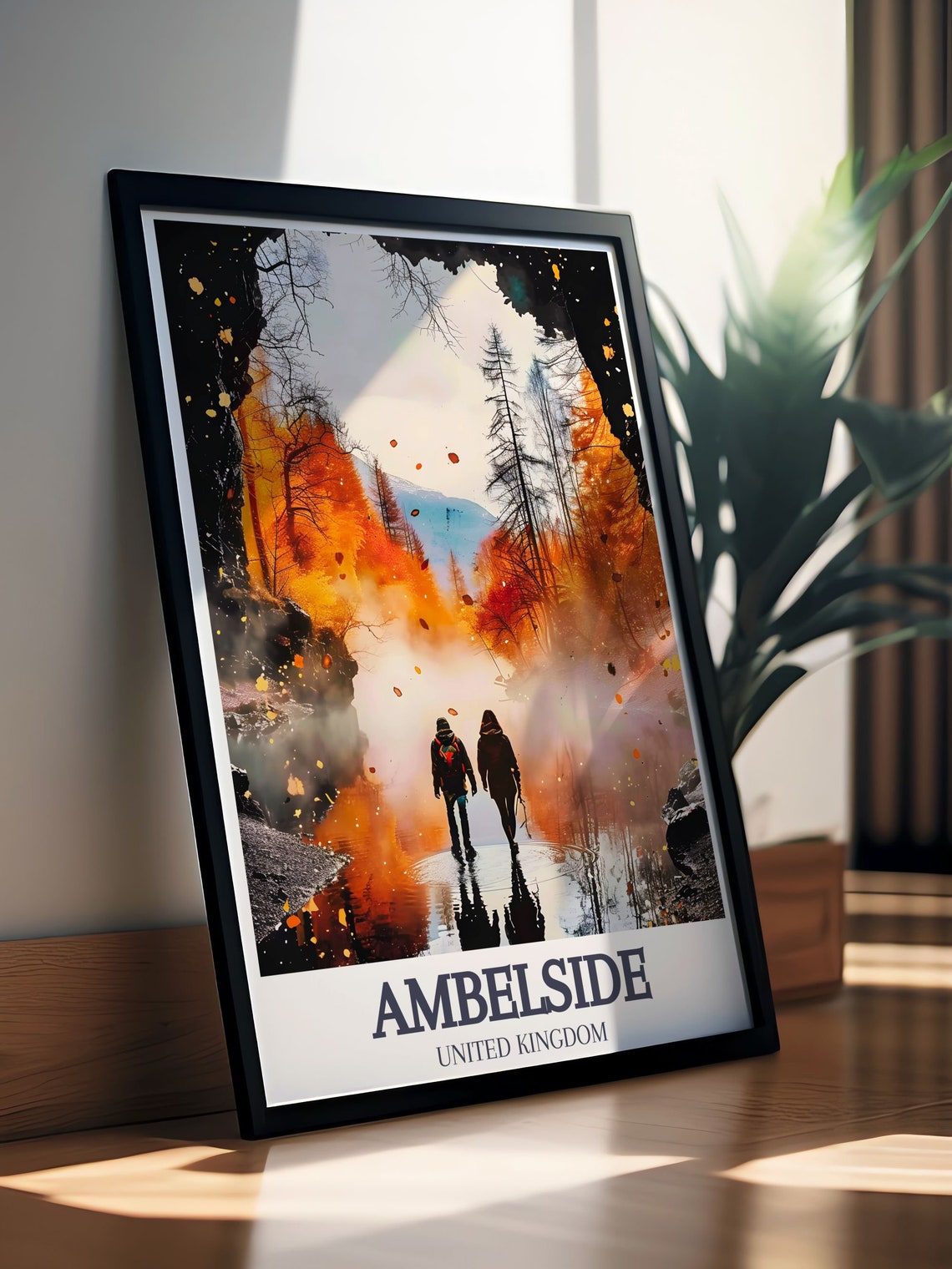 Ambleside Rydal Cave Waterfall Walkers In Autumn Mist Poster - Image 3