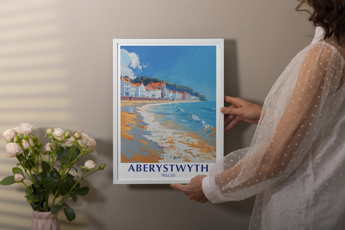 Aberystwyth Beach Golden Sand Rolling Waves Wales Travel Poster - Image 2