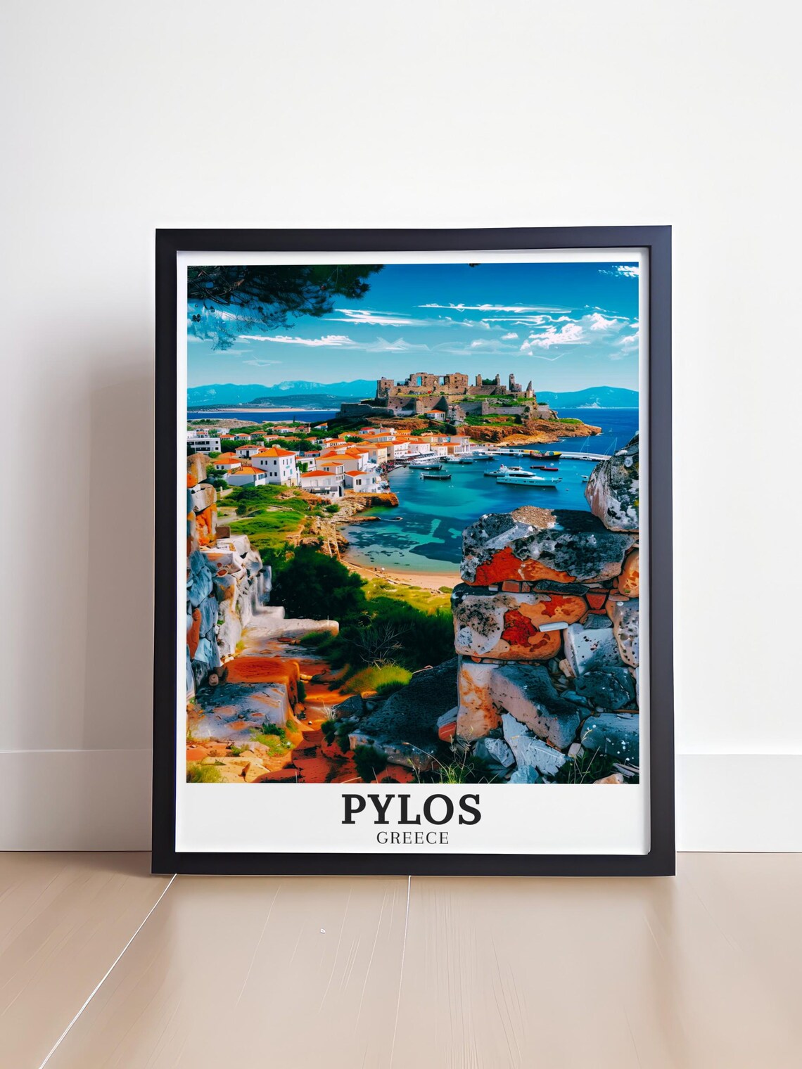 Pylos Greece Navarino Castle Ruins Over Blue Harbor View Poster - Image 3