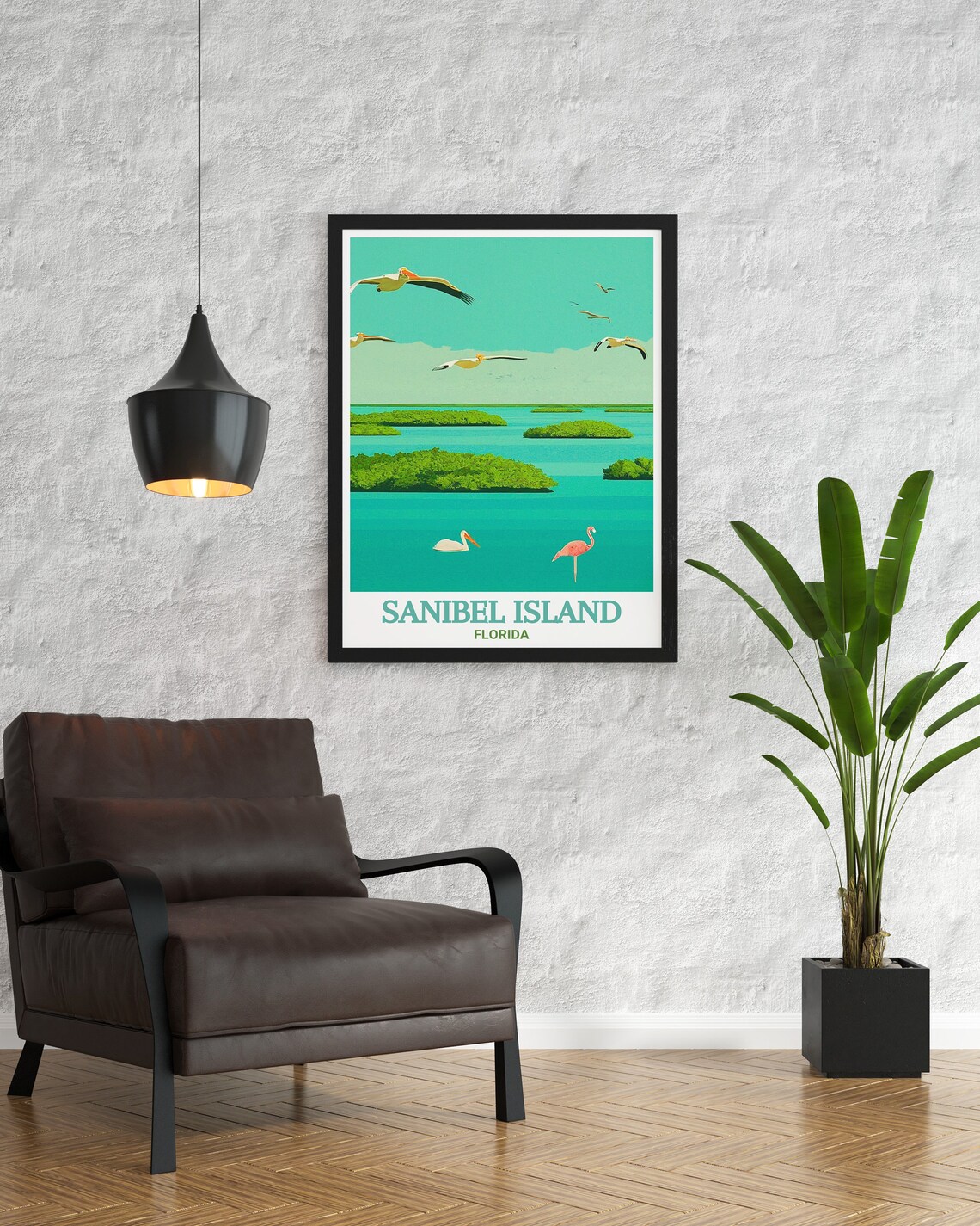 Sanibel Island Florida Pelican Flamingo Turquoise Bay Travel Poster - Image 2
