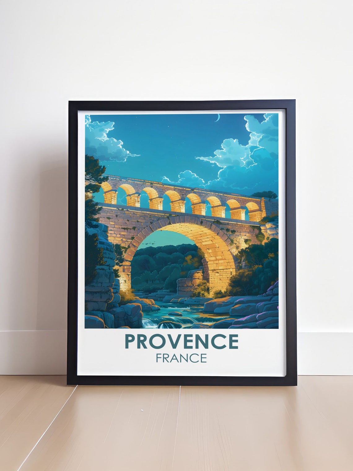 Provence France Ancient Aqueduct Bridge Moonlit River Poster - Image 4