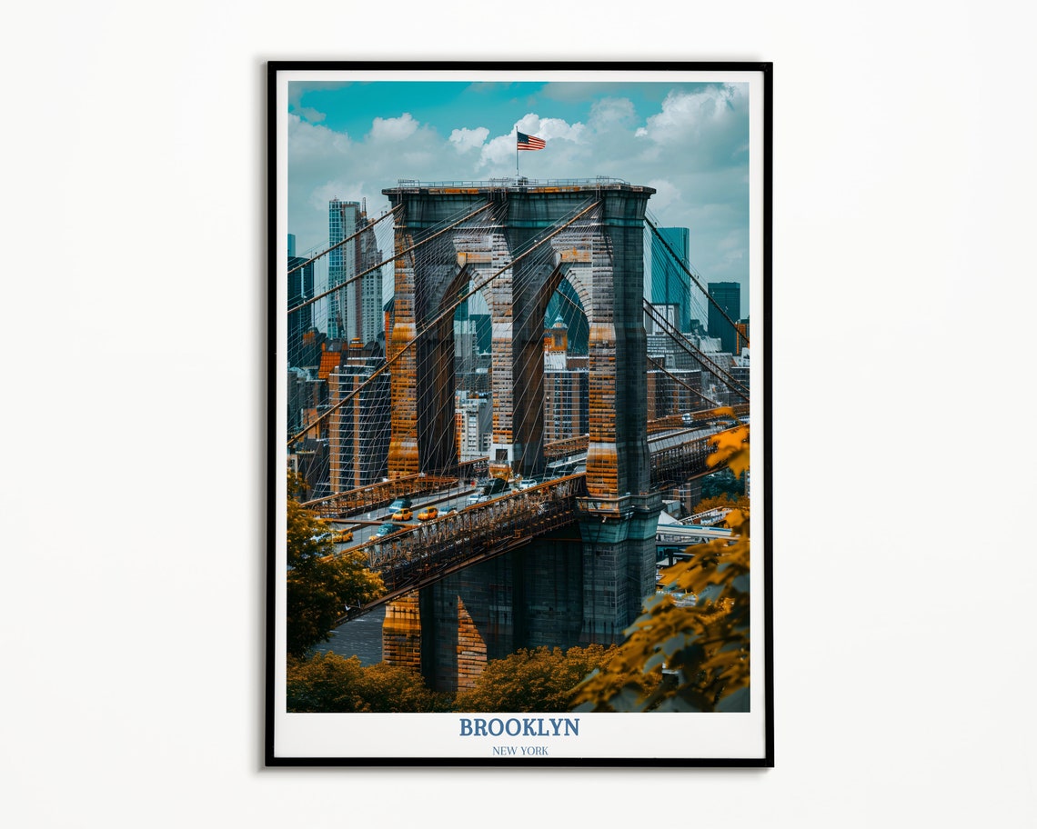 Brooklyn Bridge Tower Daytime View With US Flag Autumn Poster - Image 2