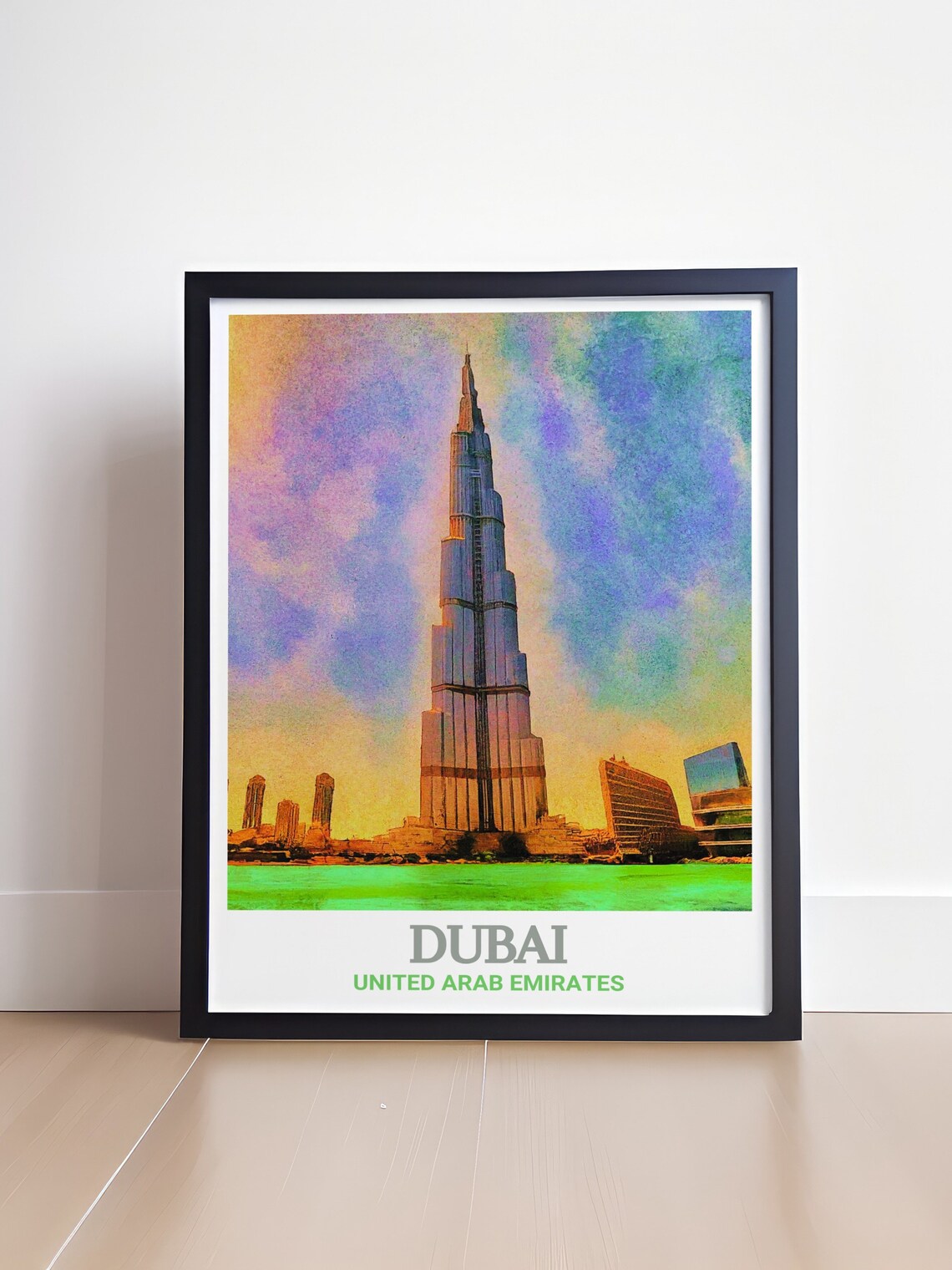 Dubai Burj Khalifa Sunset Watercolor Skyline UAE Travel Poster - Image 4