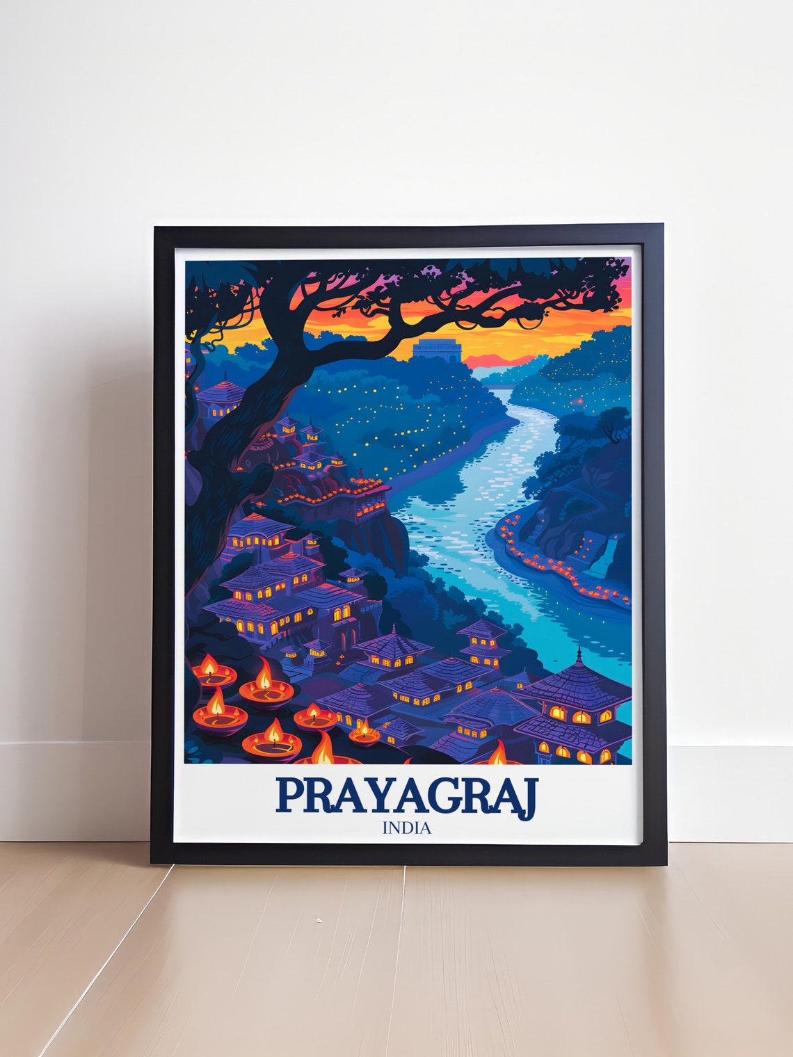 Prayagraj India Diwali Night Temple Lights River Scene Poster - Image 4