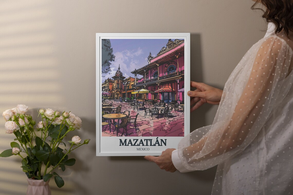 Mazatlán Mexico Plaza Machado Colorful Colonial Cafes Poster - Image 2