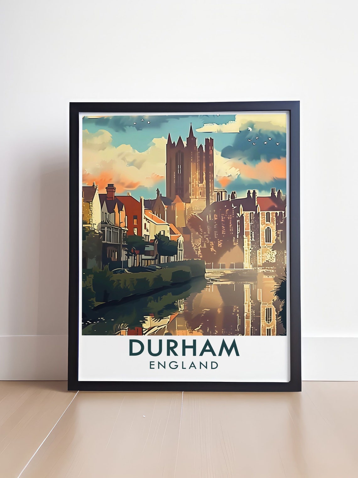 Durham England Cathedral Above Riverside Town Scene Travel Poster - Image 4