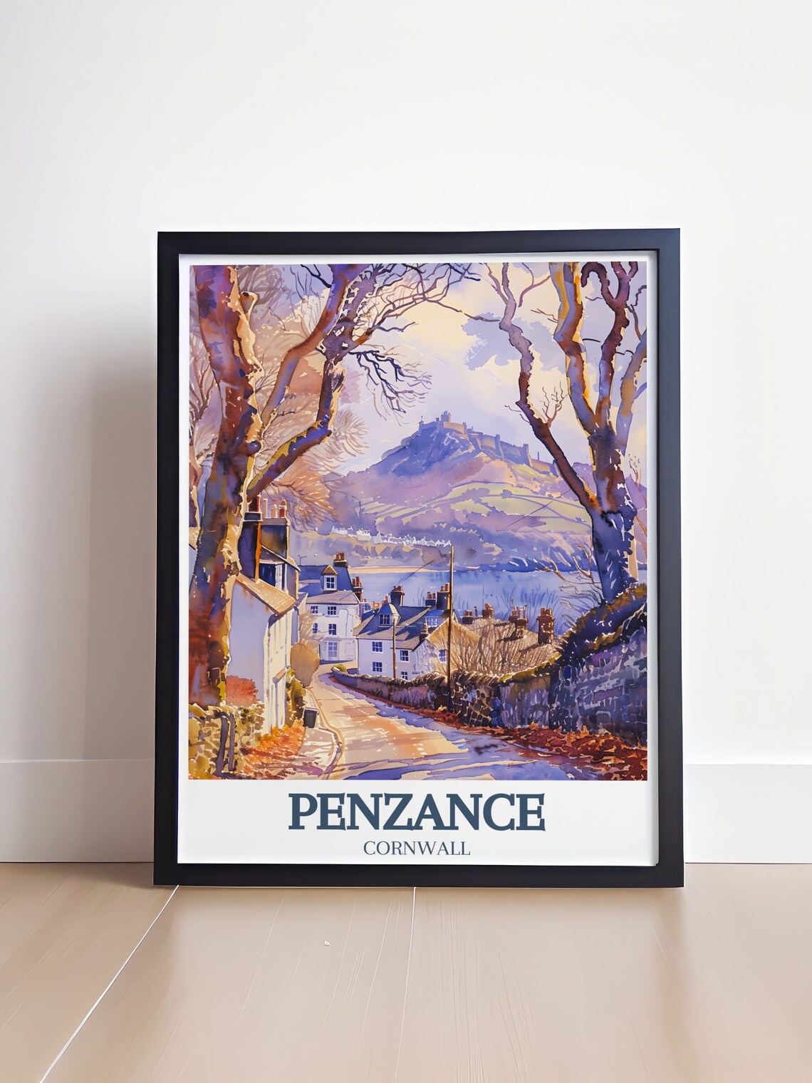 Penzance Cornwall Autumn Lane Cottages Down to Mounts Bay Poster - Image 4