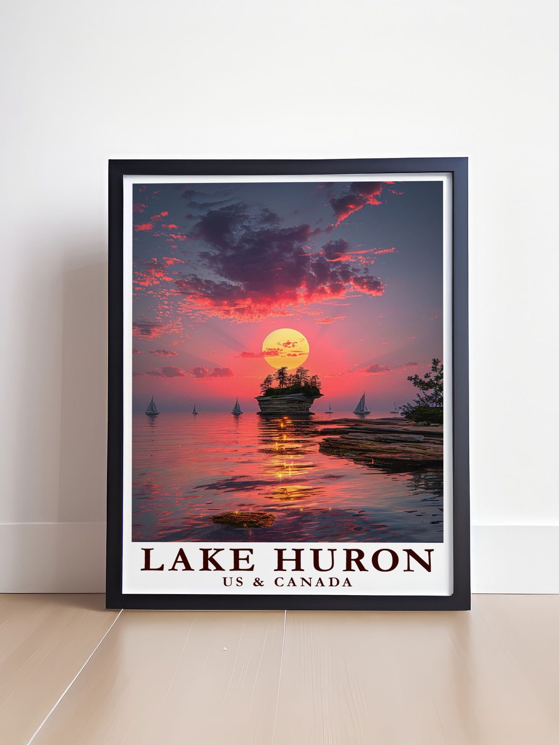 Lake Huron Sunset Poster With Turnip Rock Island And Sailing Boats - Image 4