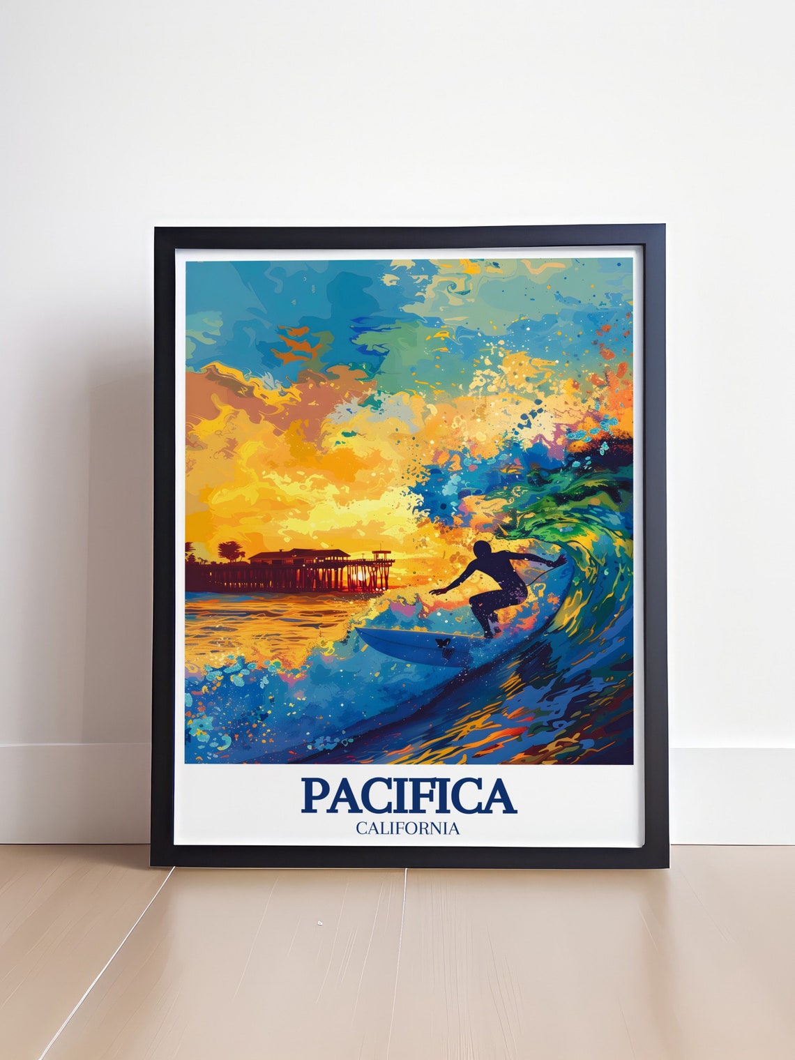 Pacifica California Surfer Sunset Wave Pier Beach Art Poster - Image 4