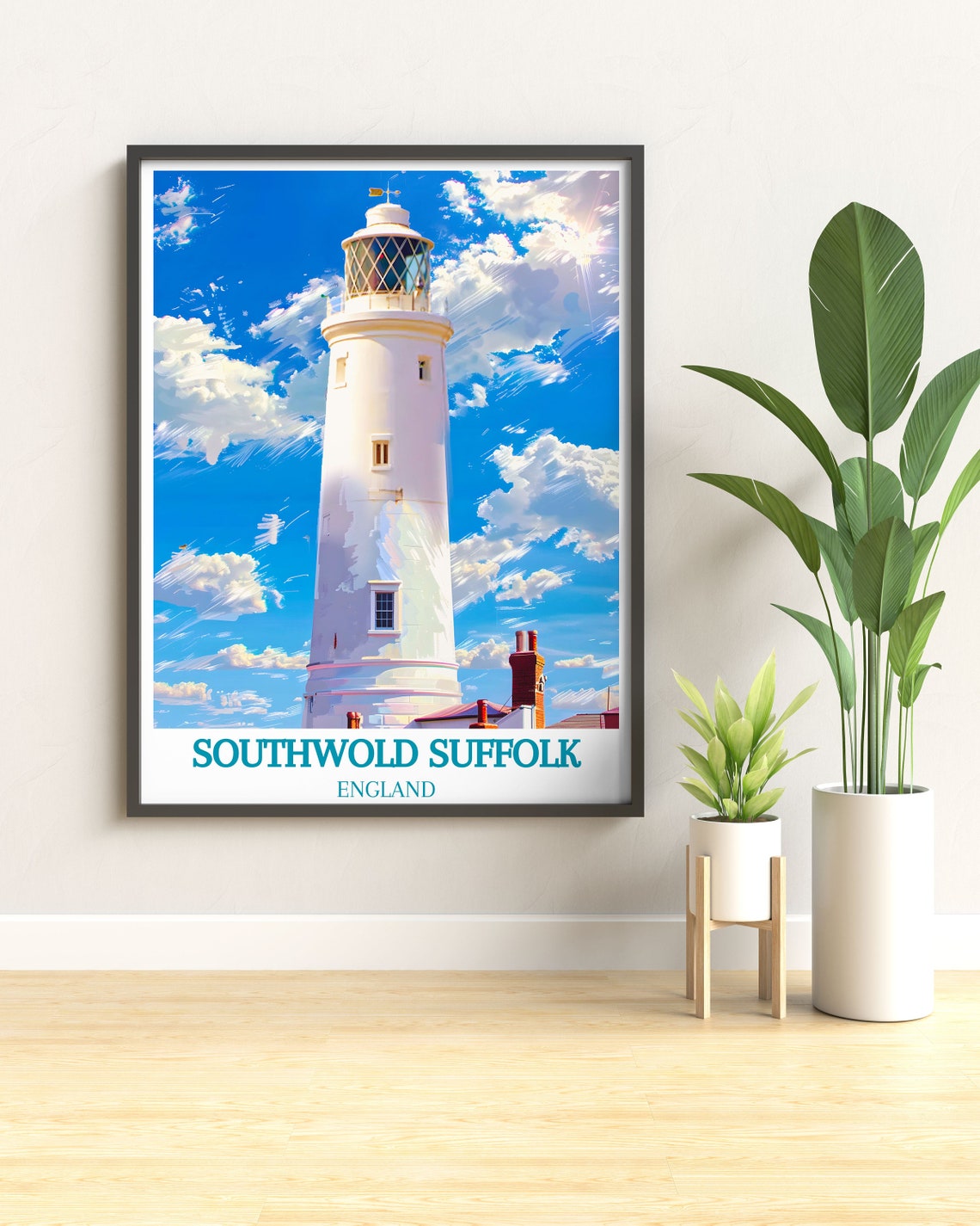 Southwold Suffolk White Lighthouse Against Bright Blue Sky Poster - Image 2
