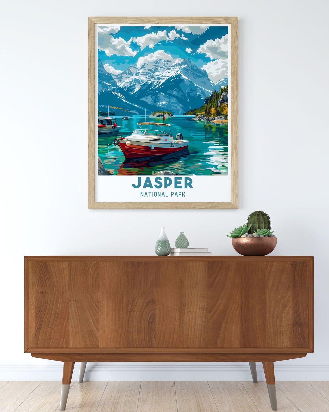 Jasper National Park Turquoise Mountain Lake Red Boats Summer Poster - Image 2