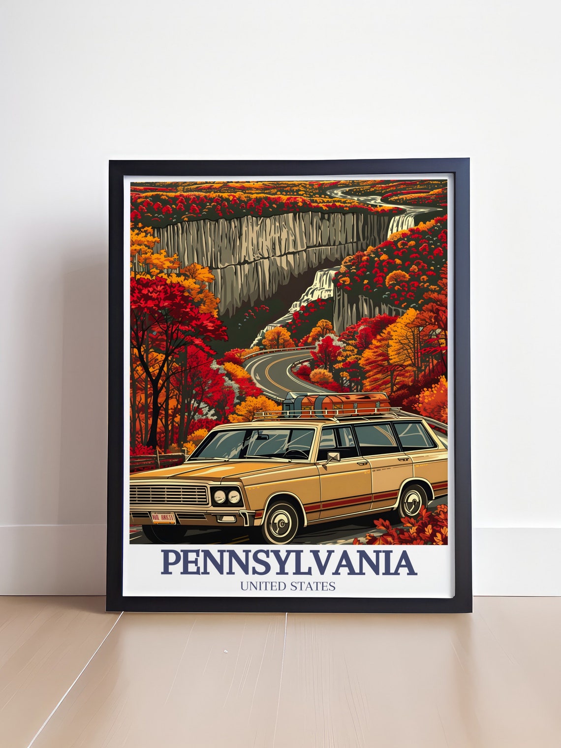 Pennsylvania Autumn Road Trip Retro Station Wagon Travel Poster - Image 4