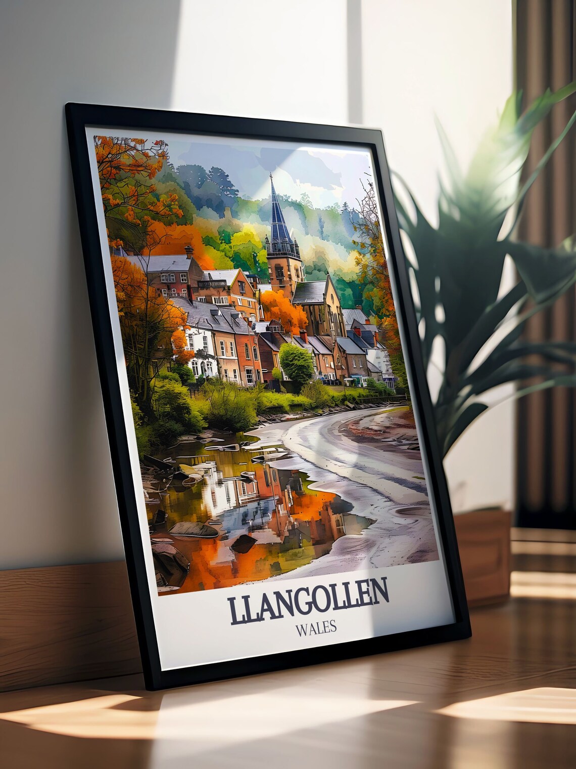 Llangollen Wales Riverside Town Church Spire in Autumn Poster - Image 2