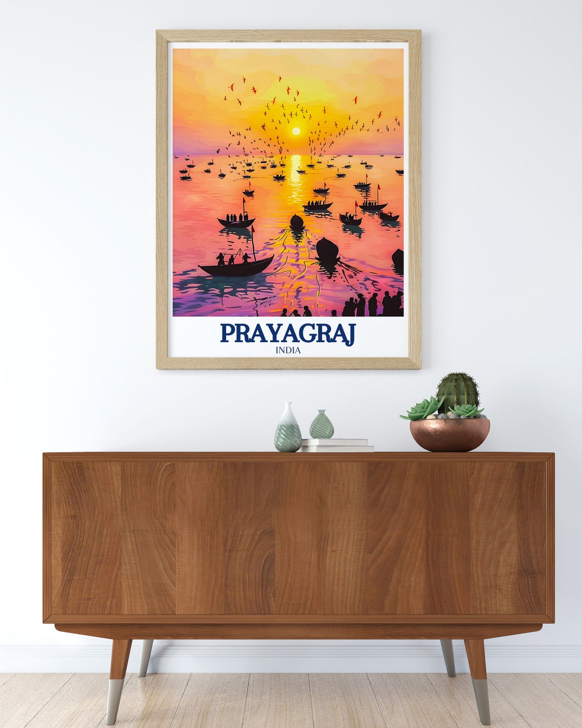 Prayagraj India Sunrise Boats River Birds Silhouette Scene Poster - Image 2