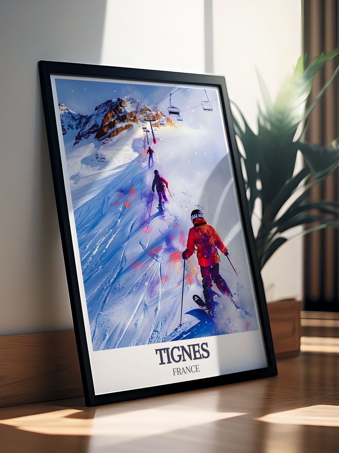 Tignes Skiers Carving Down a Sunny French Alps Mountain Slope Poster - Image 2