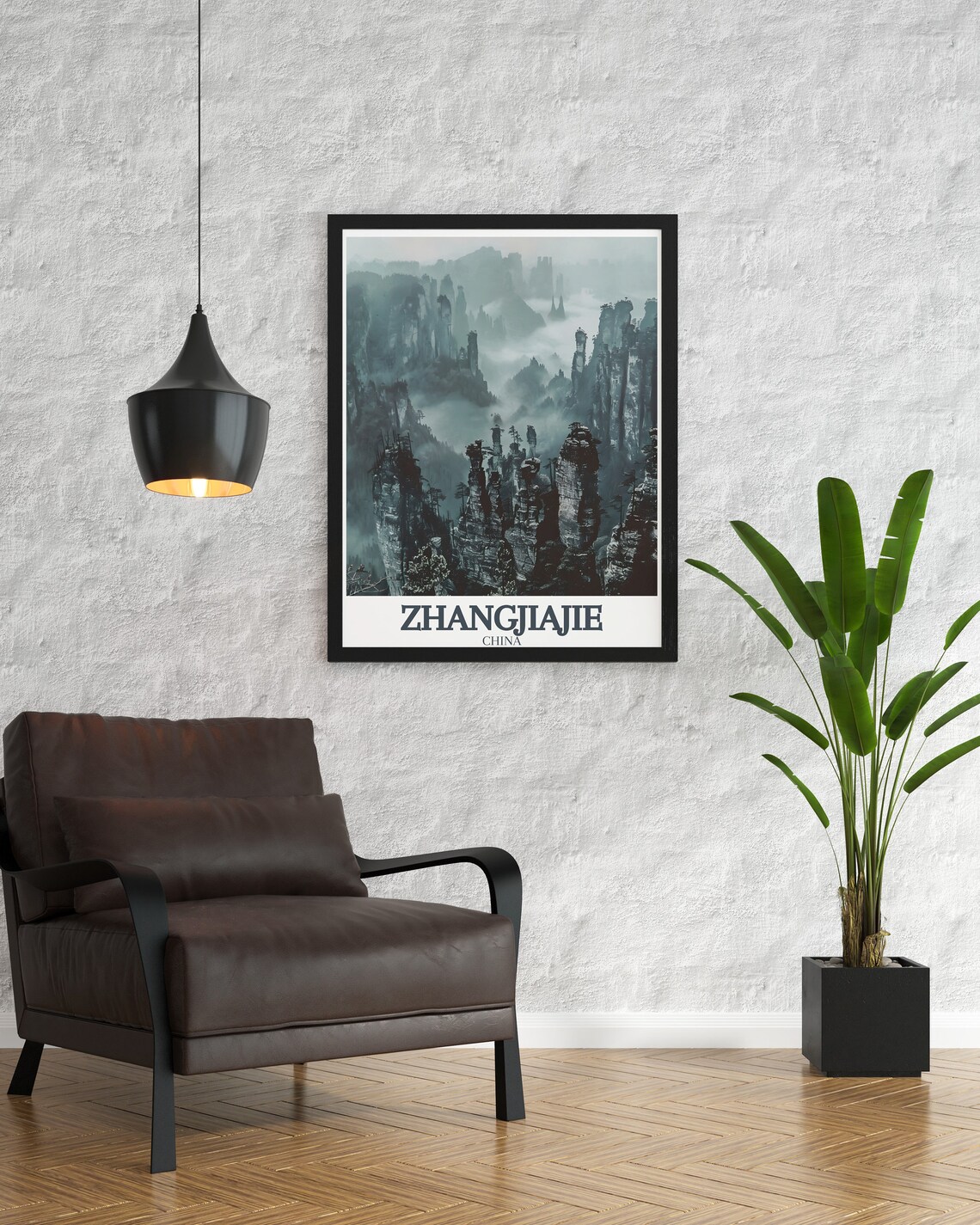Zhangjiajie China Fog Shrouded Stone Pillars Monochrome Travel Poster - Image 3