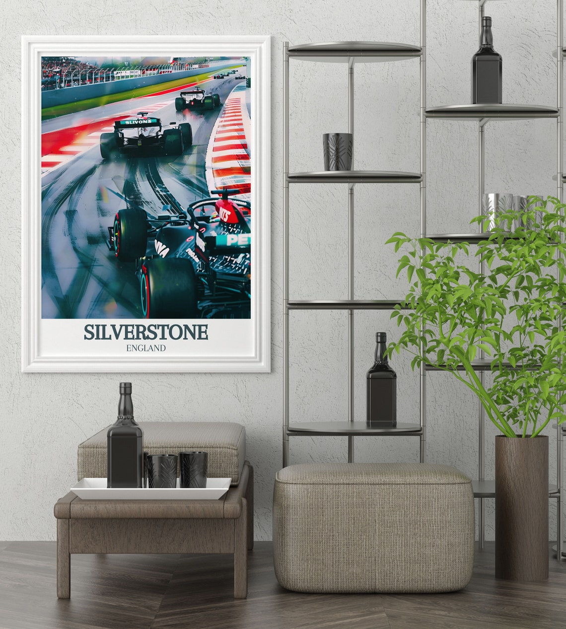 Dramatic Silverstone Rainy Grand Prix Formula Cars Battle Poster - Image 2
