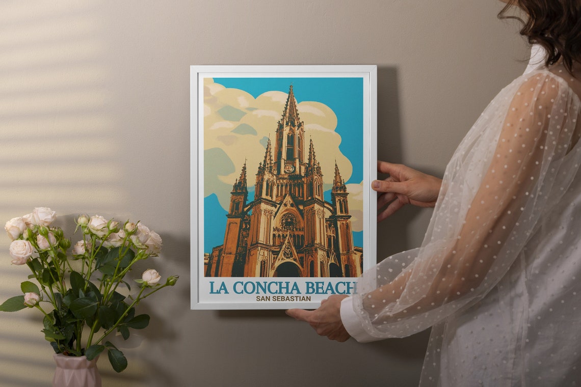 San Sebastian La Concha Beach Gothic Cathedral Retro Travel Poster - Image 3