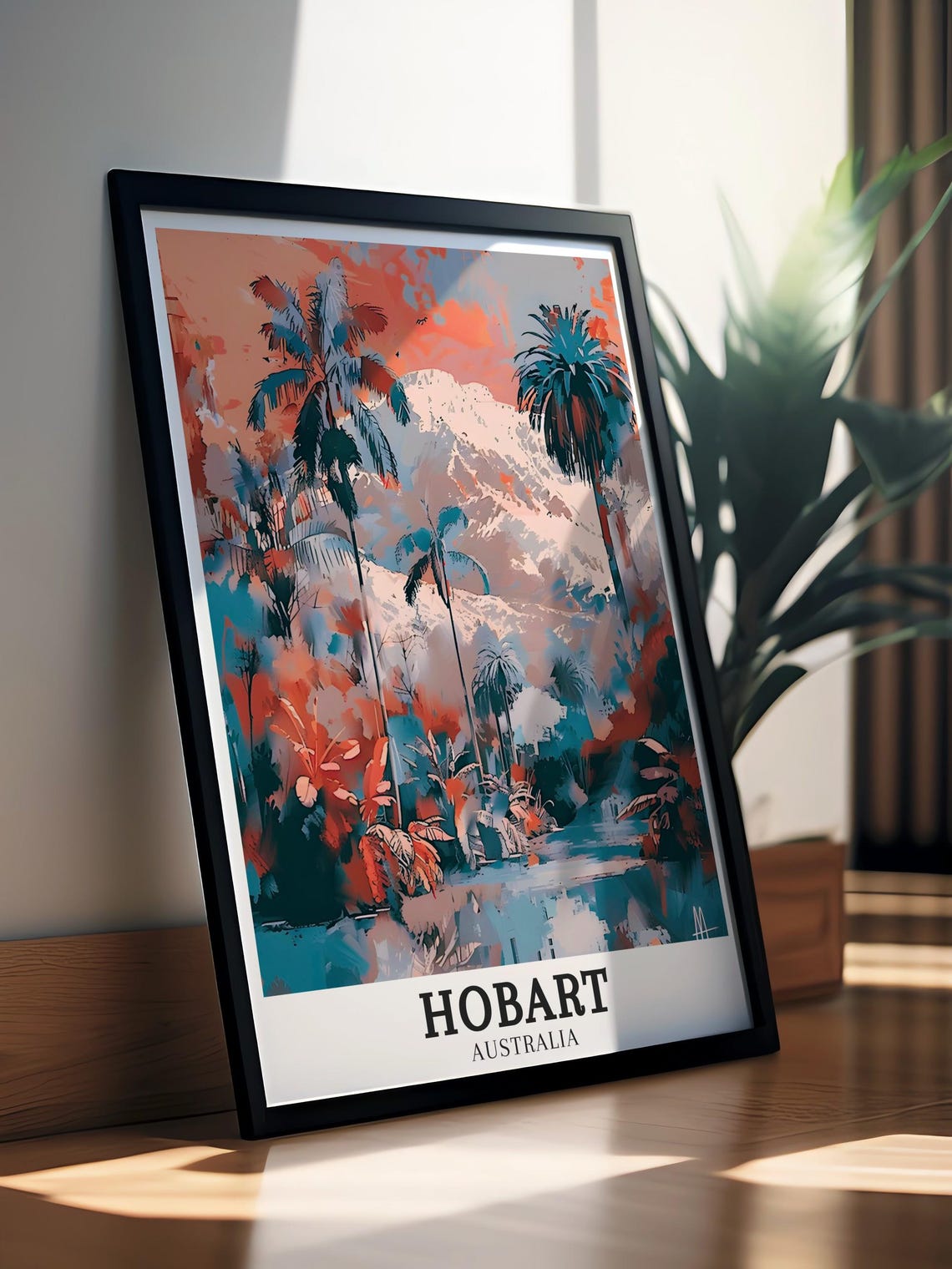 Hobart Australia Tropical Palms Mountain Artistic Travel Poster - Image 2