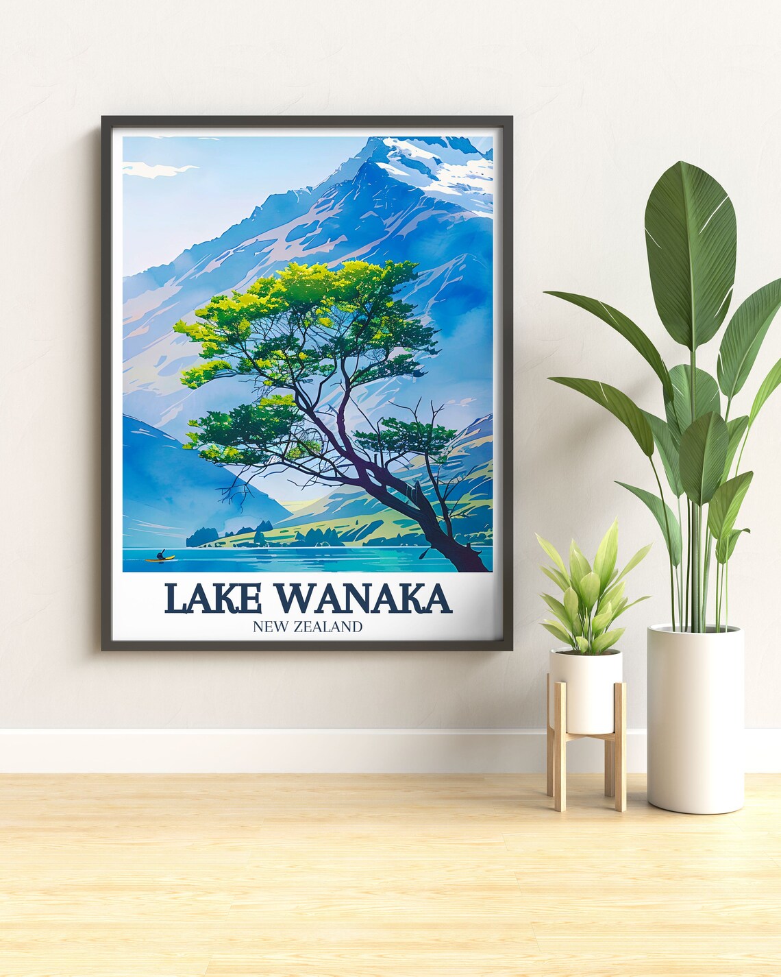 Lake Wanaka New Zealand Alpine Lake Tree With Kayaker Travel Poster - Image 3