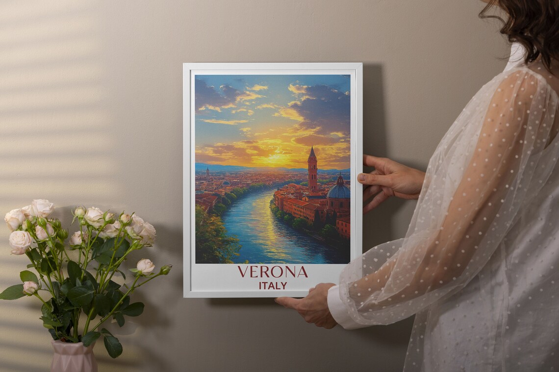 Verona Italy Sunset Over Adige River City Panorama Travel Poster - Image 3