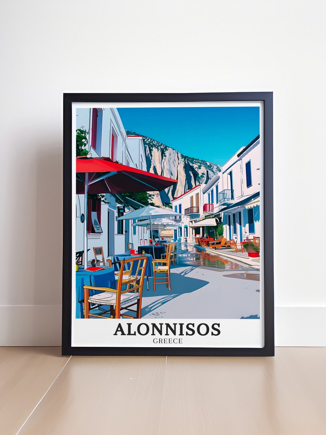 Alonnisos Old Town Cafe Street with Aegean Cliffs Greece Travel Poster - Image 4